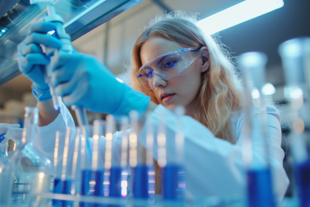 Focused female scientist is pipetting blue liquid into test tubes laboratory (1)