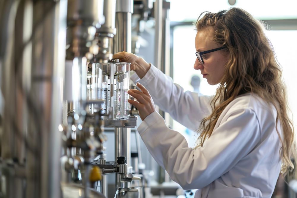 Scientist pouring water through filtration device monitoring purification process advanced lab setti (1)