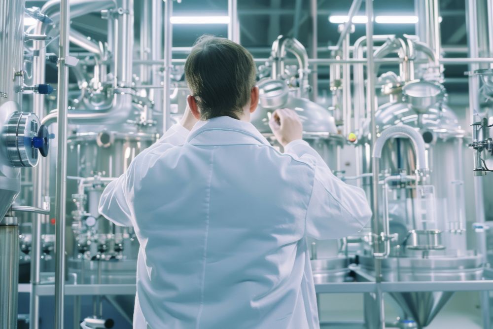 Scientist white lab coat working amidst complex stainless steel machinery industrial setup facing away from camera (1)